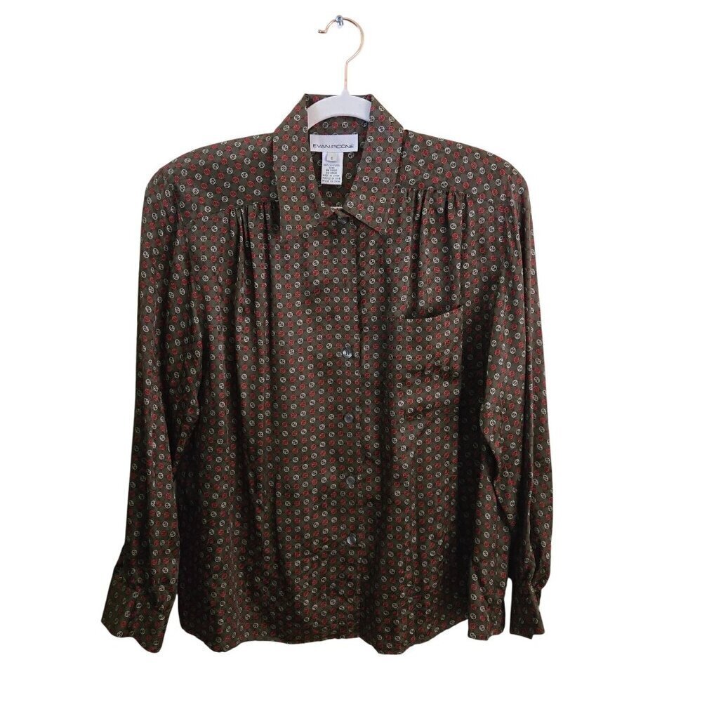 Evan Picone Vintage 100% Silk Brown Red 80s Oversized Blouse Size 6 - Picture 2 of 6